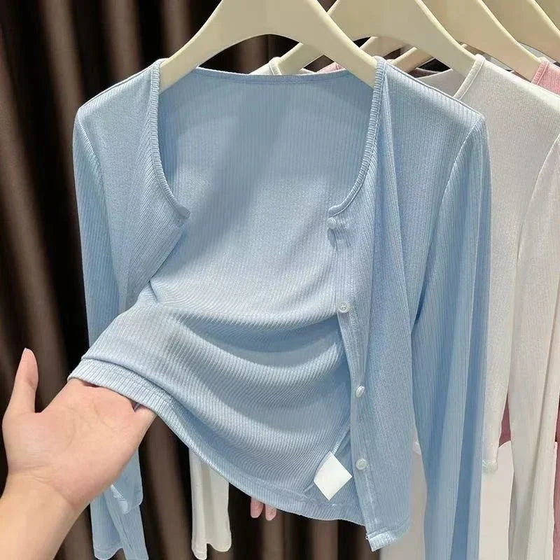 Women's ribbed long-sleeve cardigan lightweight breathable button-front
