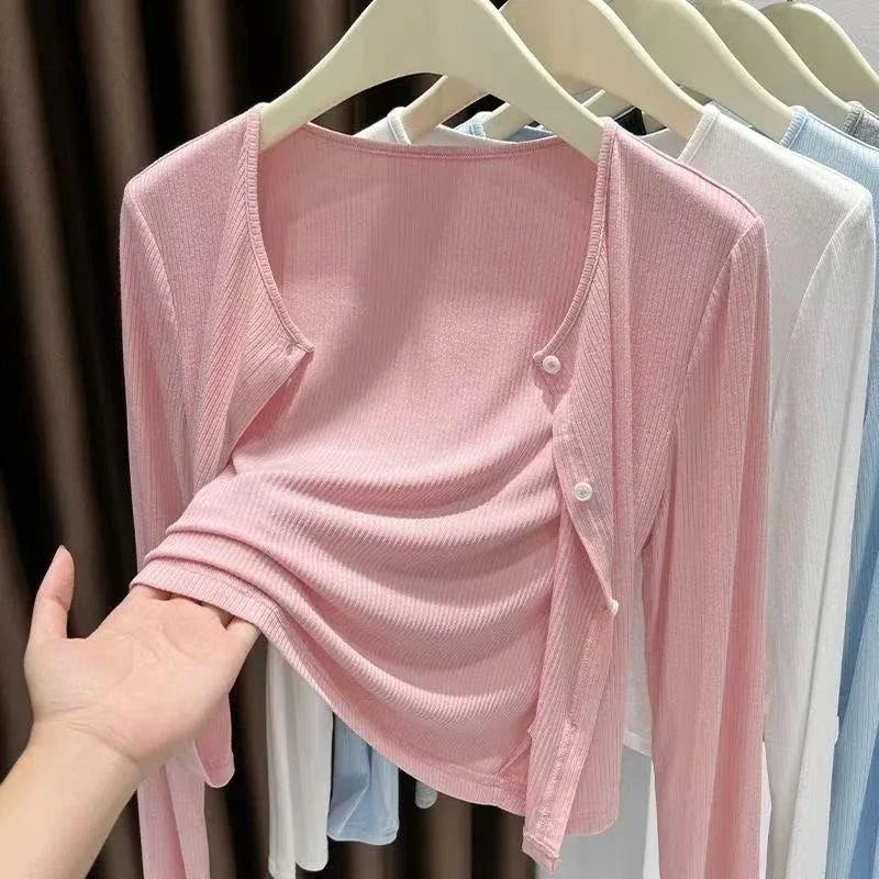 Women's ribbed long-sleeve cardigan lightweight breathable button-front