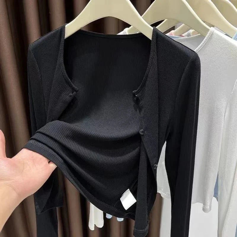 Women's ribbed long-sleeve cardigan lightweight breathable button-front
