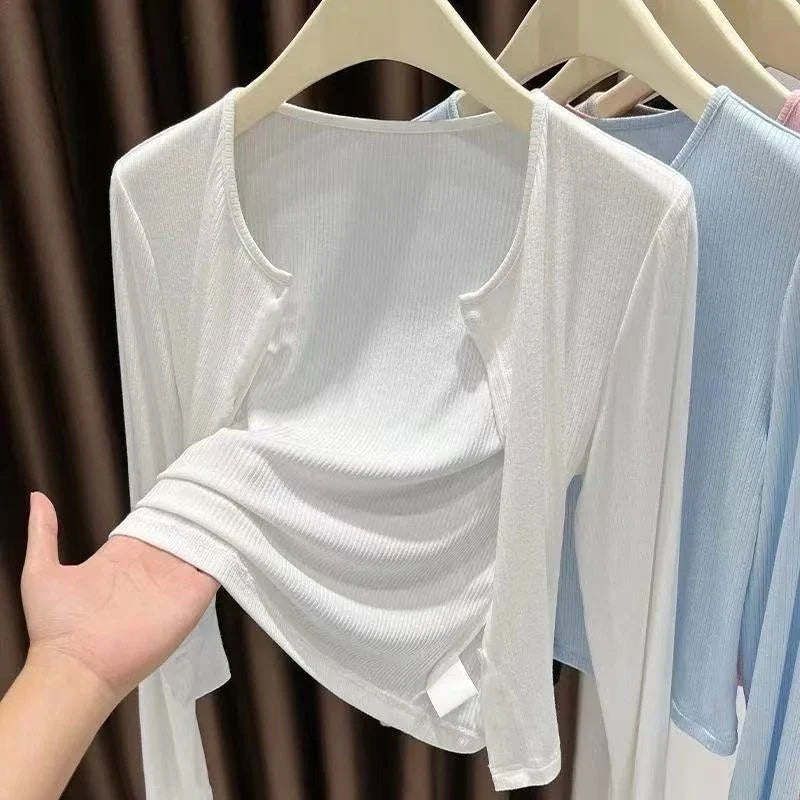 Women's ribbed long-sleeve cardigan lightweight breathable button-front