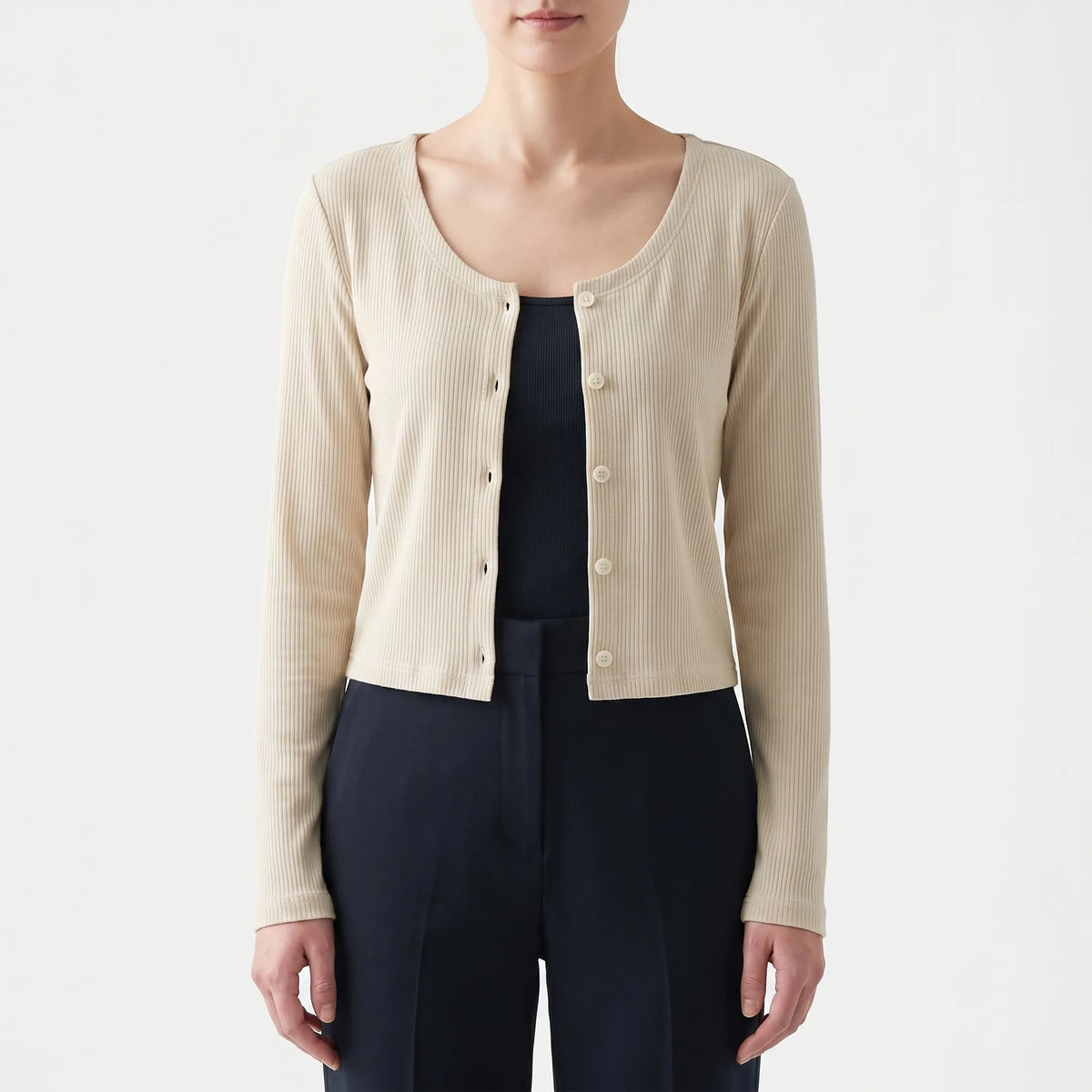 Women's ribbed long-sleeve cardigan lightweight breathable button-front