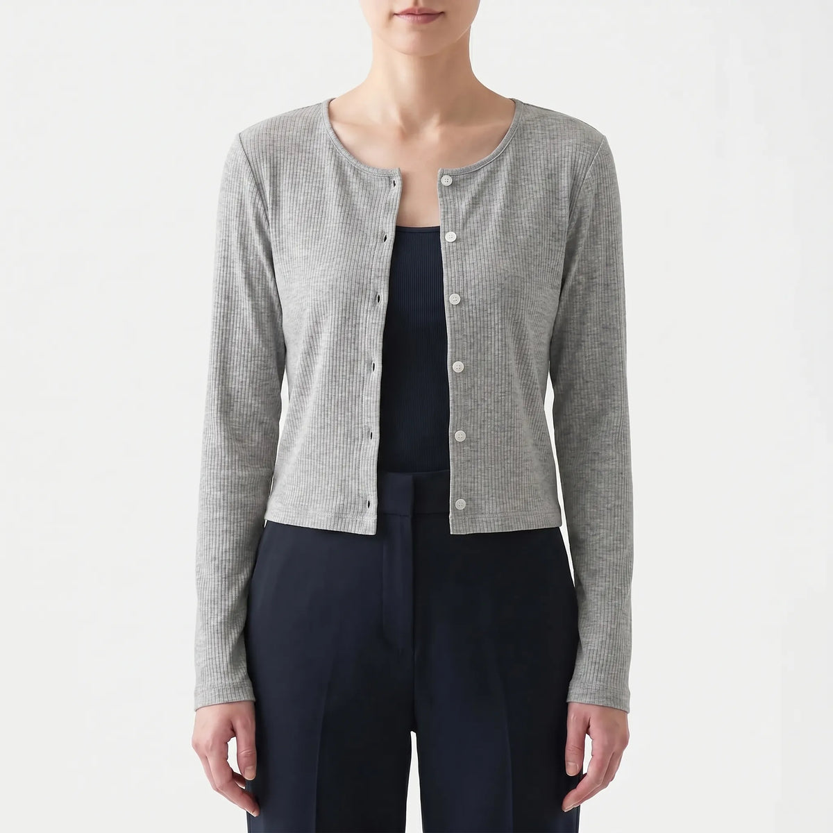 Women's ribbed long-sleeve cardigan lightweight breathable button-front