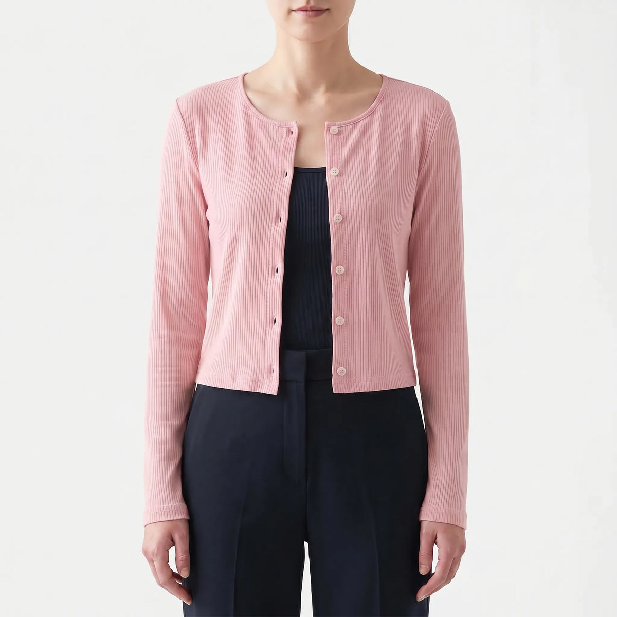 Women's ribbed long-sleeve cardigan lightweight breathable button-front