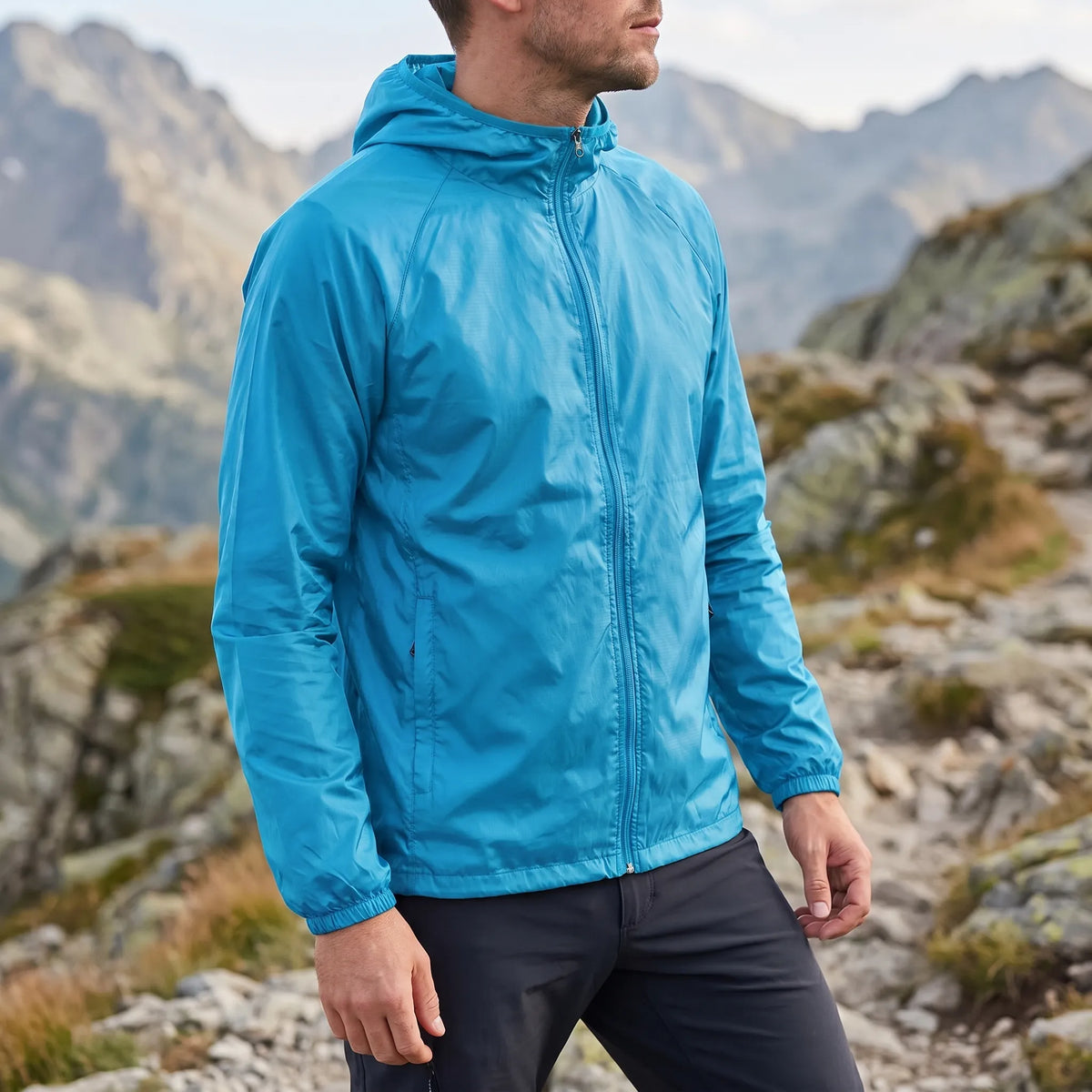Lightweight packable windbreaker with integrated hood and water-repellent outer