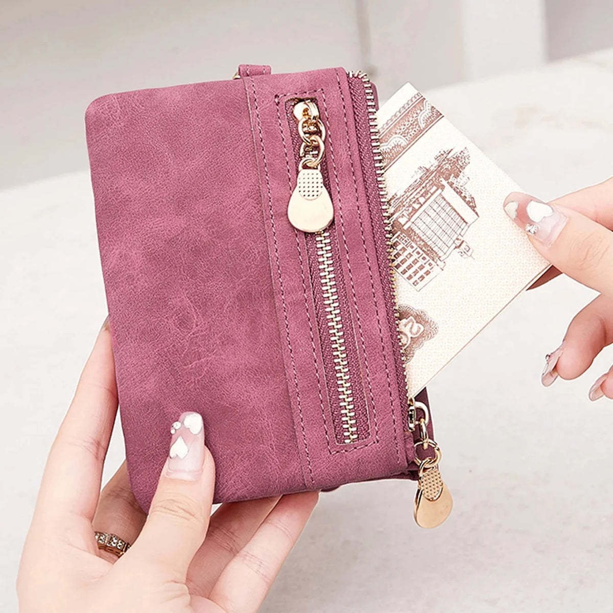 Compact short fold wristlet wallet with zipper coin pocket and card slots
