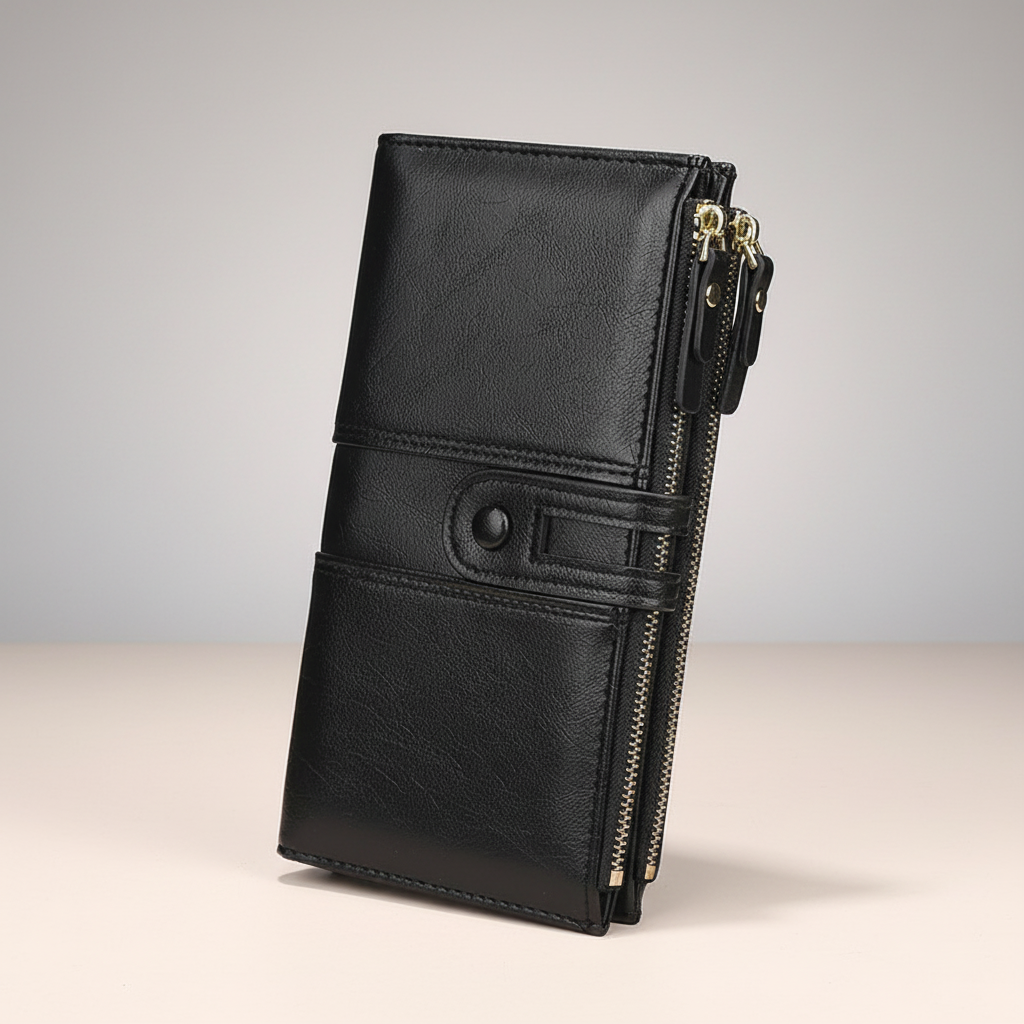 Long zipper wallet with multiple card slots and organised compartments