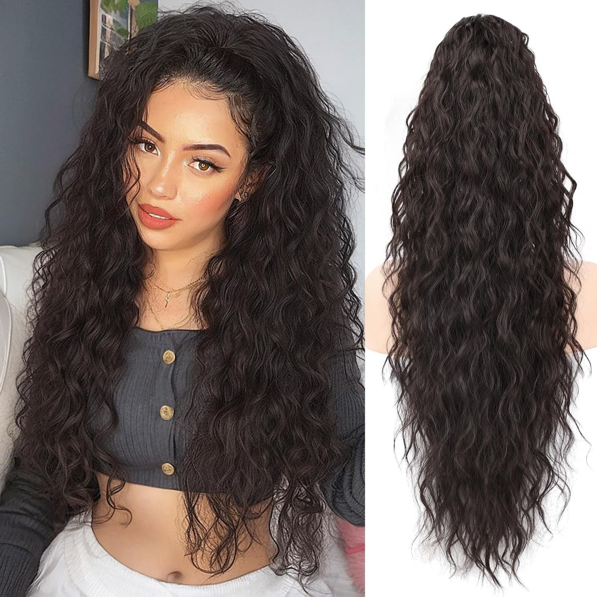 Long Wavy Ponytail Hairpiece (Water Wave) – Full Ponytail with Clip for Everyday and Party
