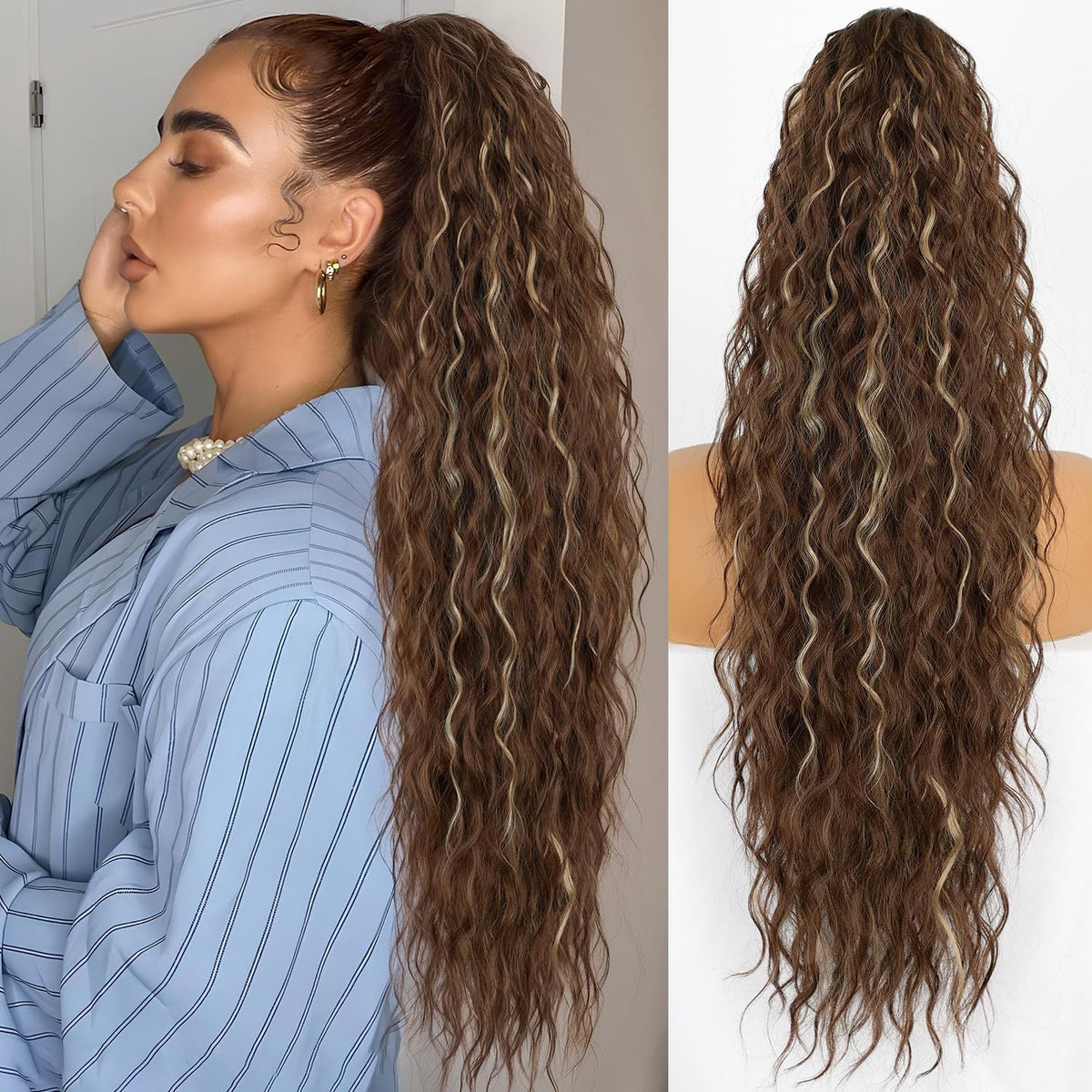 Long Wavy Ponytail Hairpiece (Water Wave) – Full Ponytail with Clip for Everyday and Party