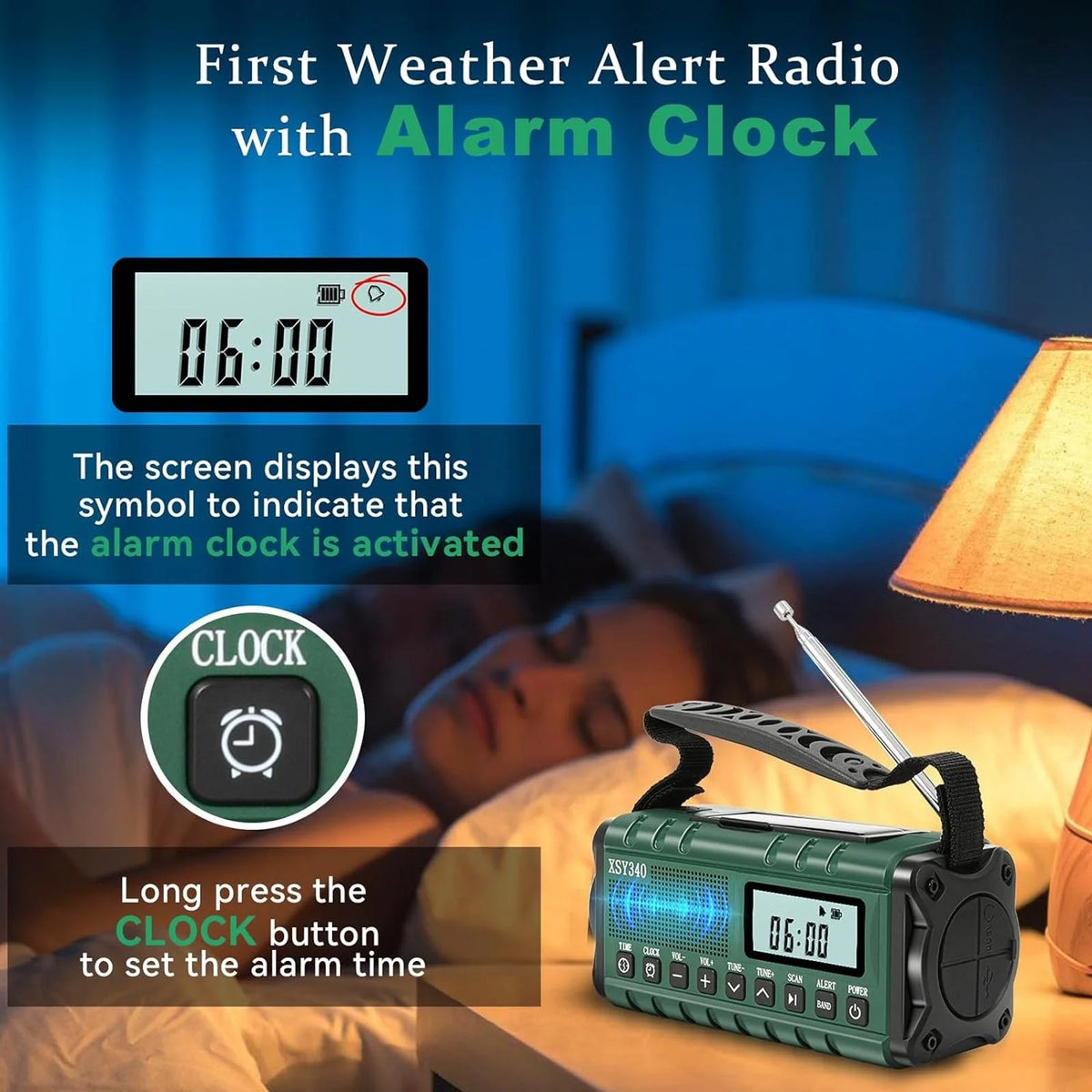 Emergency Radio - Hand Crank & Solar Powered - 10,000mAh Power Bank with LCD Clock