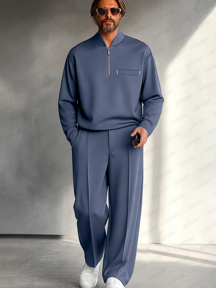 Men's Half-Zip Two-Piece Set – Relaxed Long-Sleeve Top and Wide-Leg Trousers for Smart Casual Wear