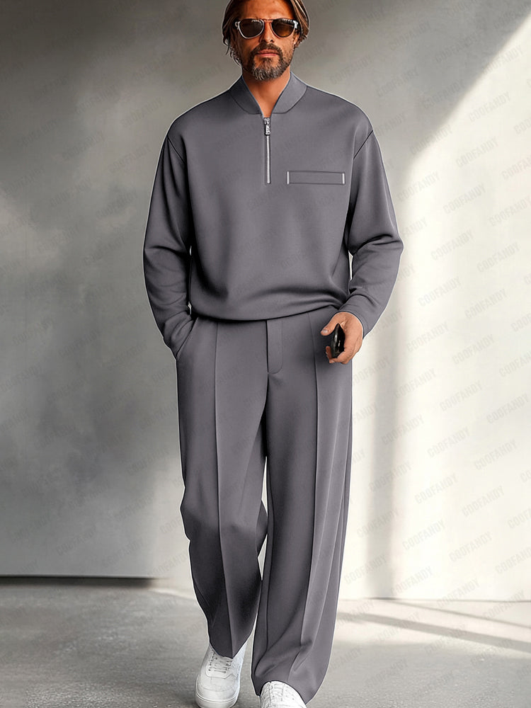 Men's Half-Zip Two-Piece Set – Relaxed Long-Sleeve Top and Wide-Leg Trousers for Smart Casual Wear