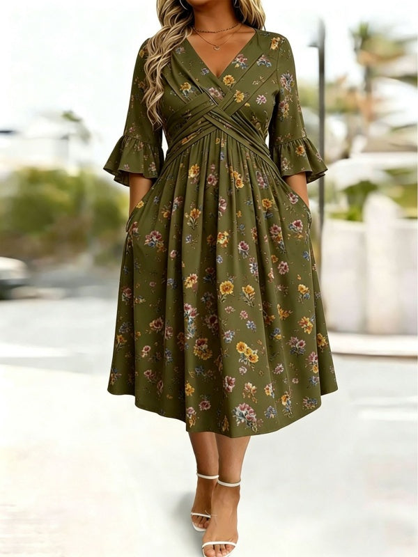 Wrap-Front Tie-Waist Midi Dress With Pockets