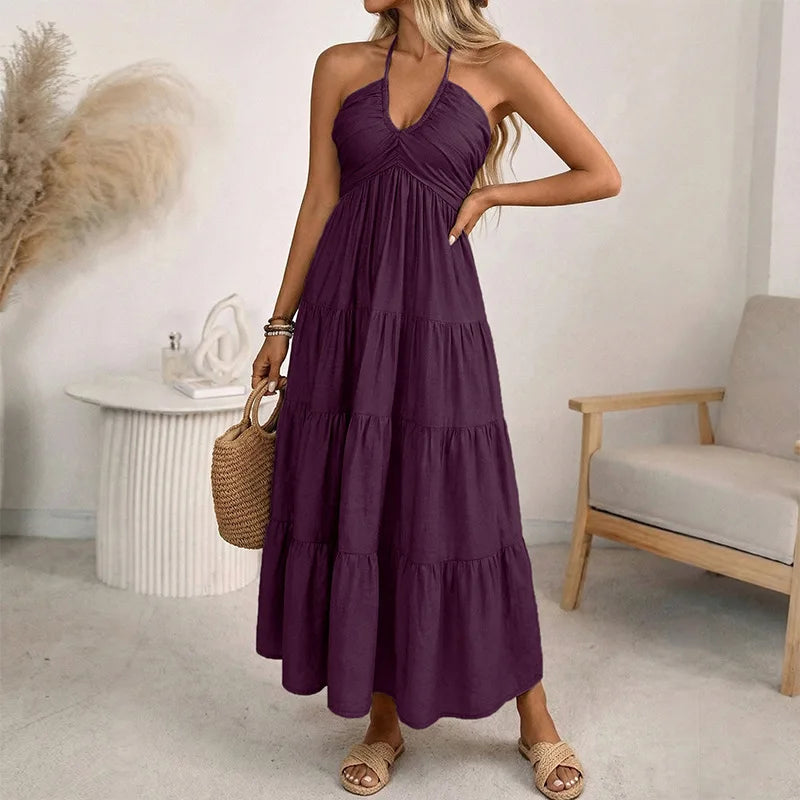 Halter Neck Dress with Wide Layered Skirt