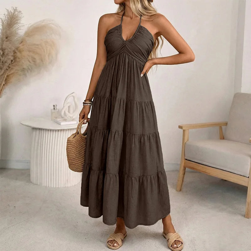 Halter Neck Dress with Wide Layered Skirt