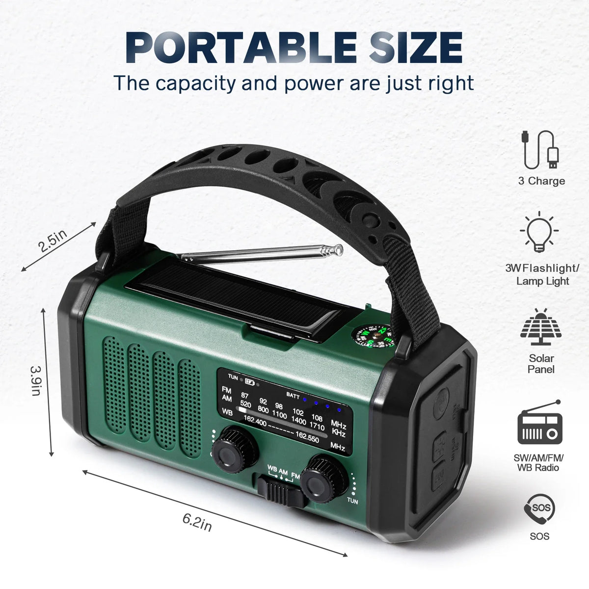 Emergency Weather Radio - Solar & Hand Crank Generator - 10,000mAh Power Bank