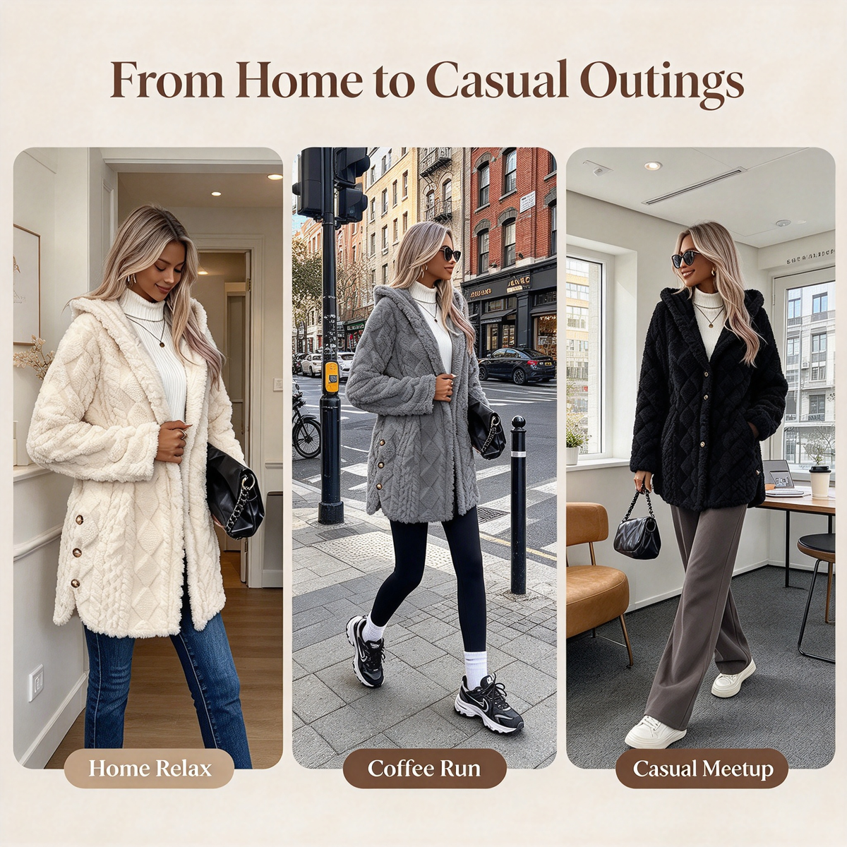 Women's Hooded Double-Sided Fleece Cardigan Long Sleeve Casual Warm Outerwear