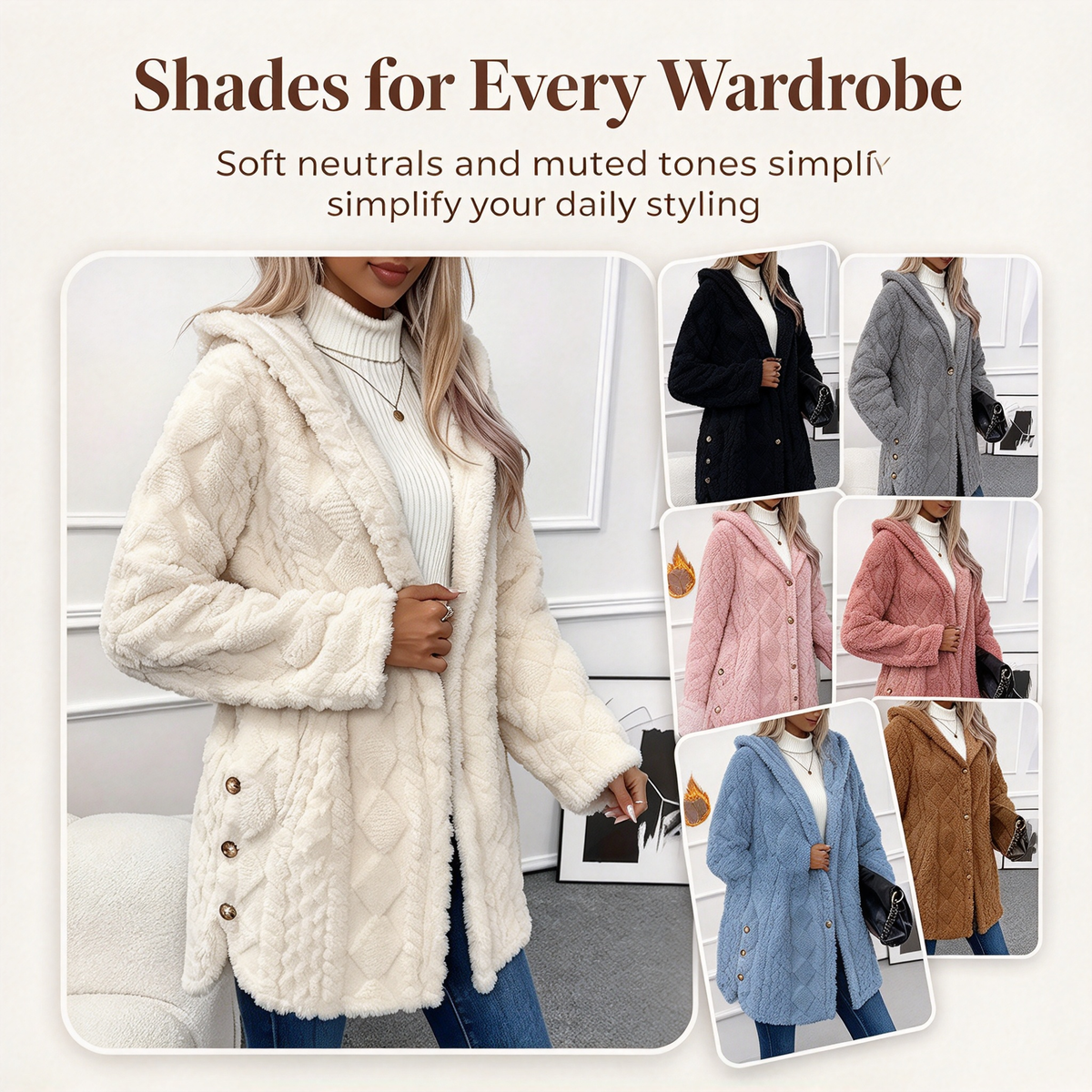 Women's Hooded Double-Sided Fleece Cardigan Long Sleeve Casual Warm Outerwear