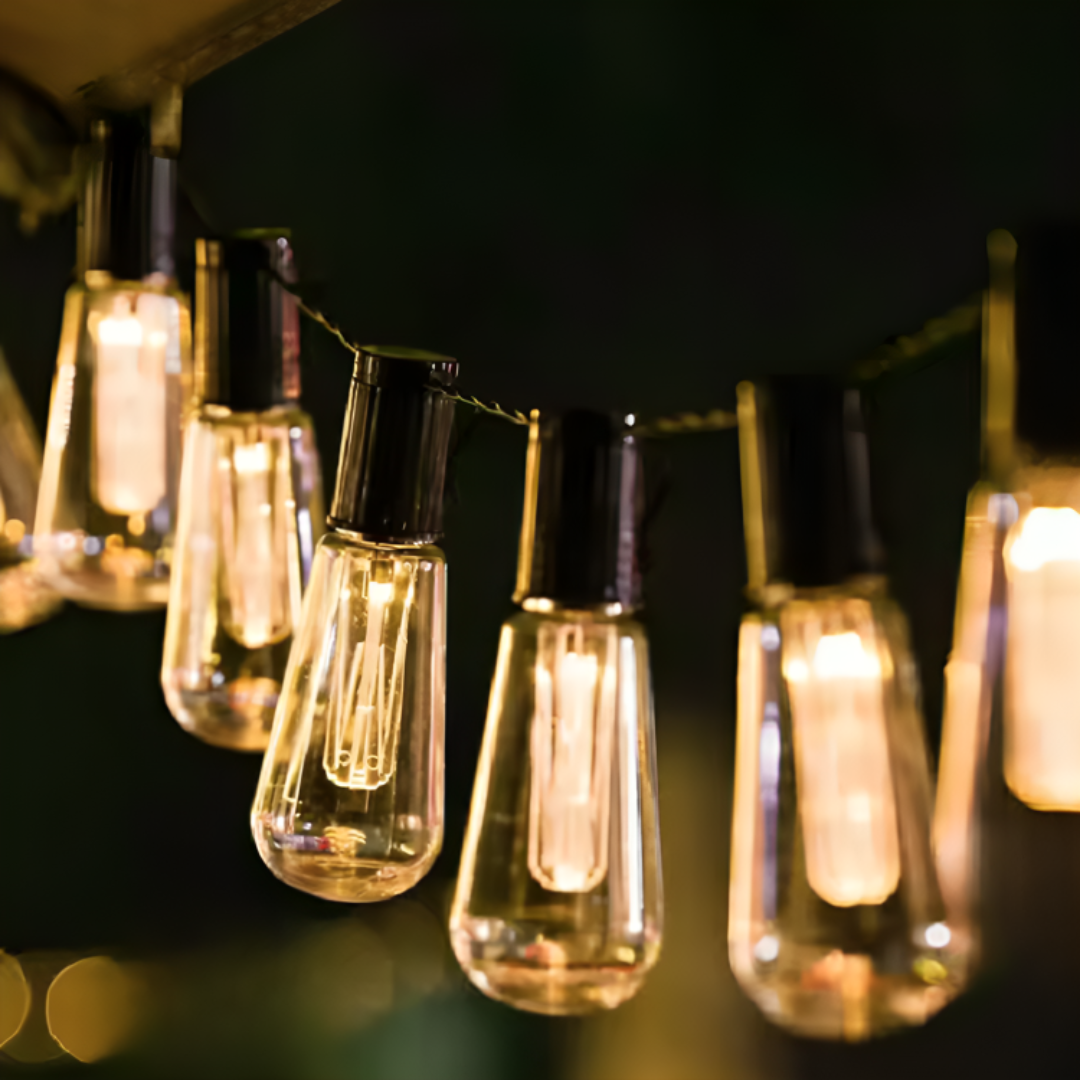 Solar LED string lights with vintage Edison bulbs for outdoor use