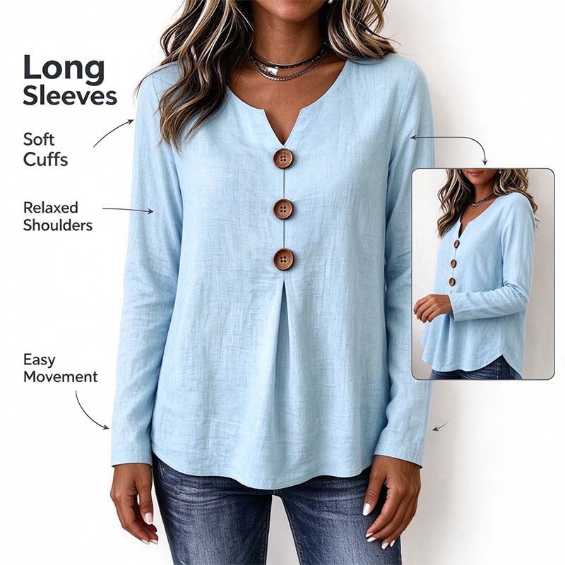 Vintage Large Button Long Sleeve Top, Women's Fashion Basic Blouse