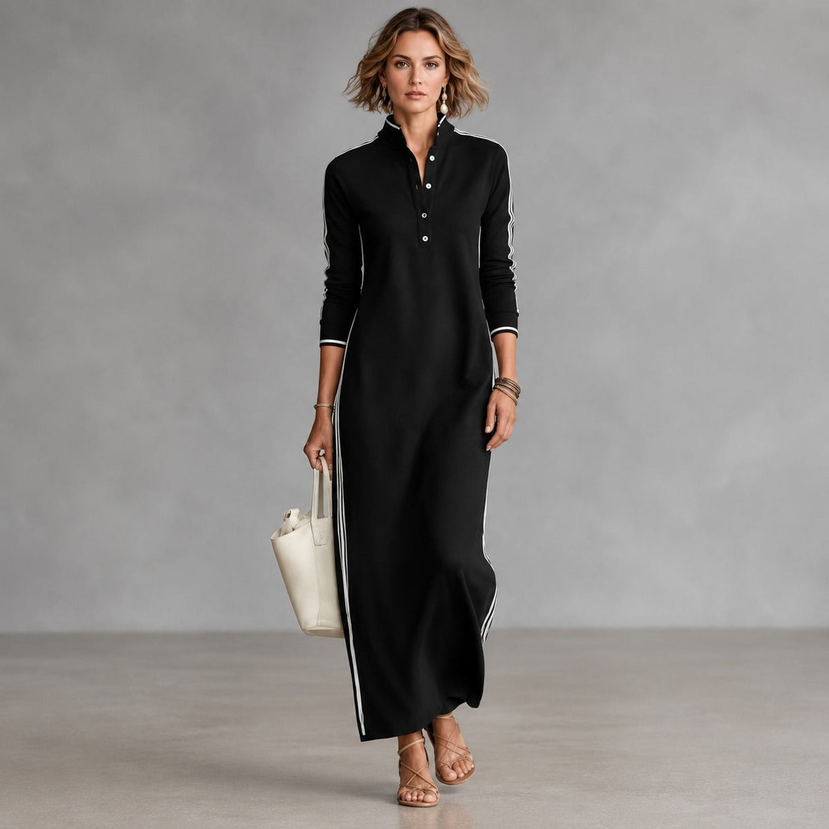 Polo Collar Dress with Side Stripes and Long Fit