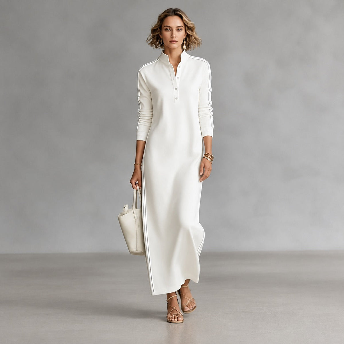 Polo Collar Dress with Side Stripes and Long Fit