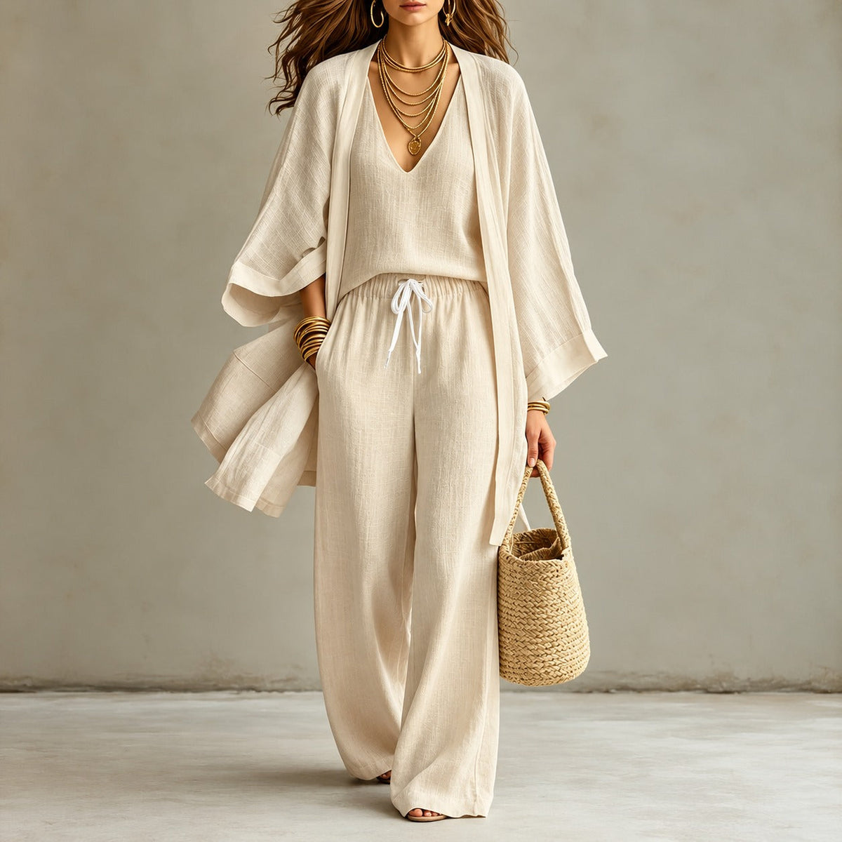 Cotton Linen Set with V-Neck Tank Top, Wide-Leg Pants and Long Kimono