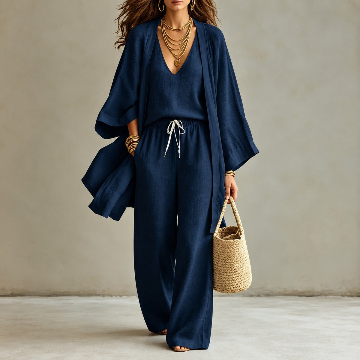 Cotton Linen Set with V-Neck Tank Top, Wide-Leg Pants and Long Kimono