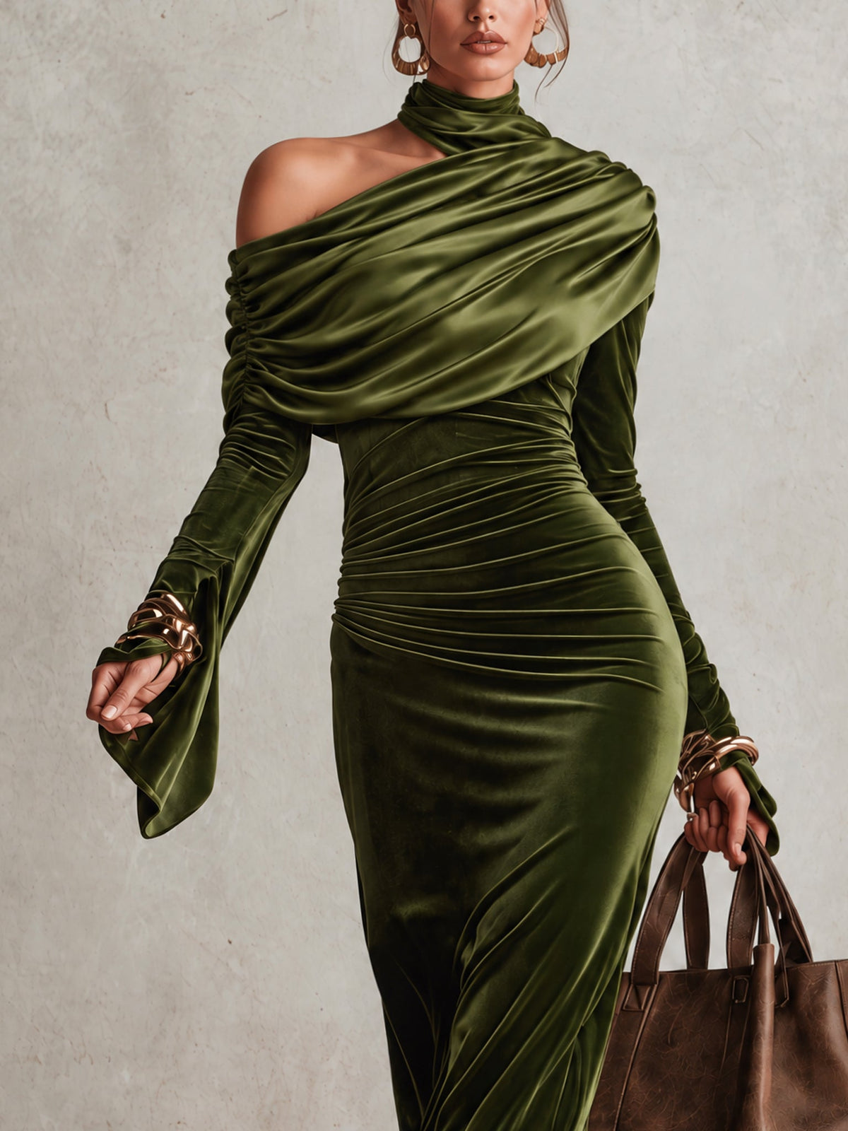Olive Green Velvet Asymmetrical Off-Shoulder Turtleneck Ruched Maxi Dress