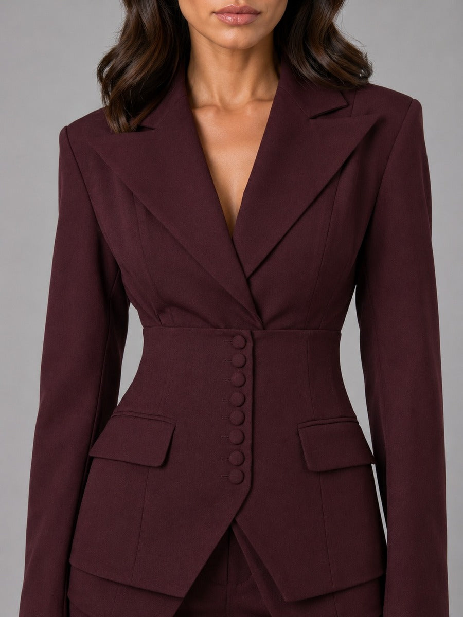 Two-Piece Suit with Nipped-Waist Blazer and Palazzo Trousers