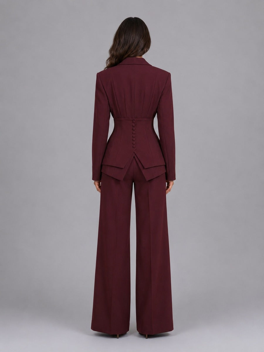 Two-Piece Suit with Nipped-Waist Blazer and Palazzo Trousers