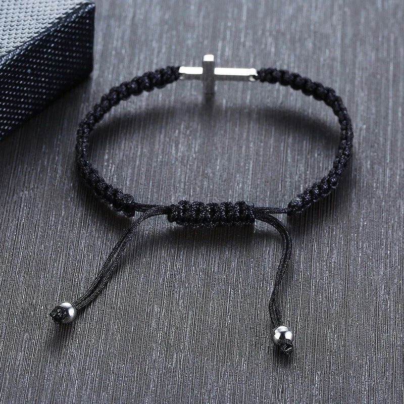 Cross Charm Braided Bracelet - Adjustable Black Cord with Silver-Tone Sideways Cross