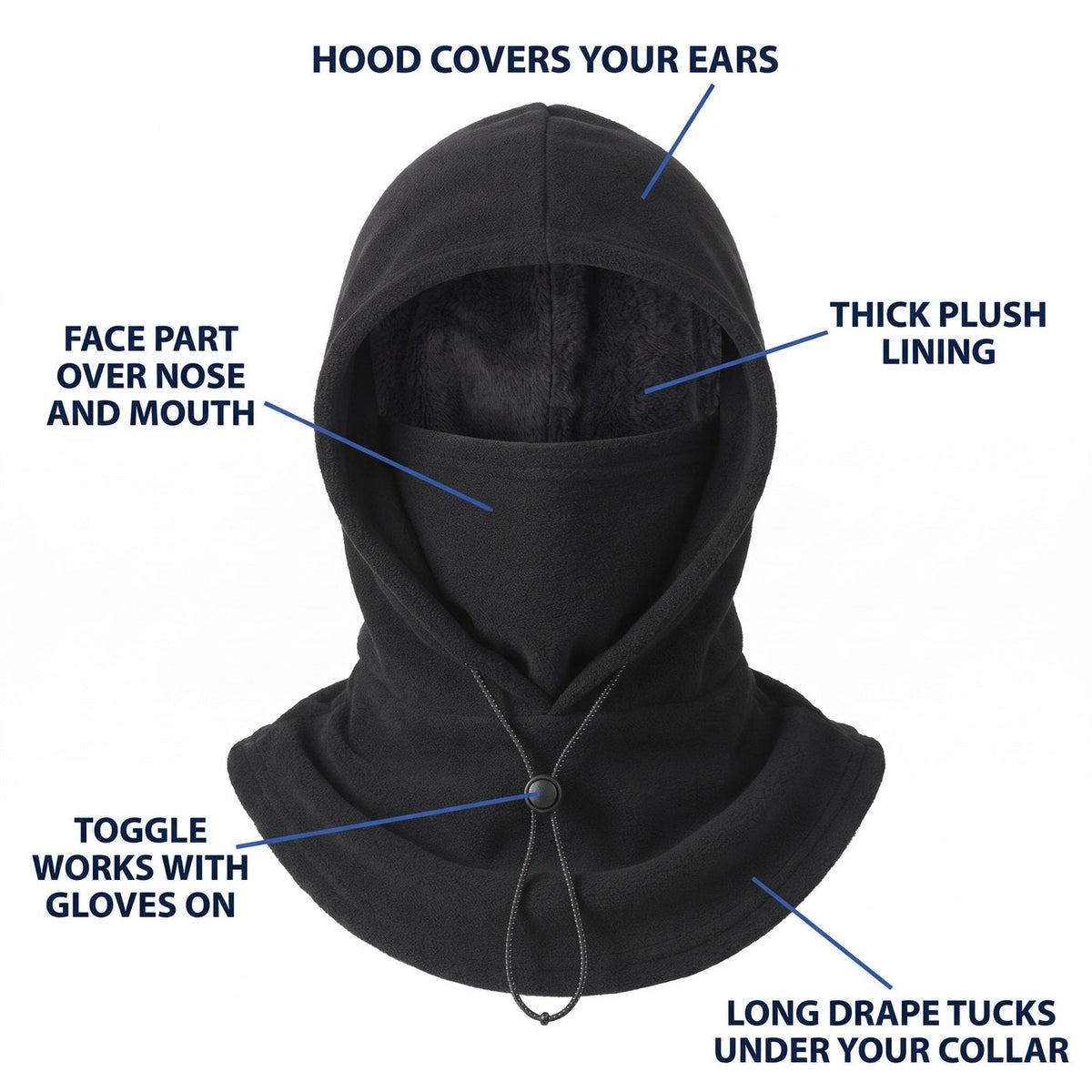 Fleece Balaclava Hood - 3-in-1 Face Cover & Neck Warmer - Plush Lined