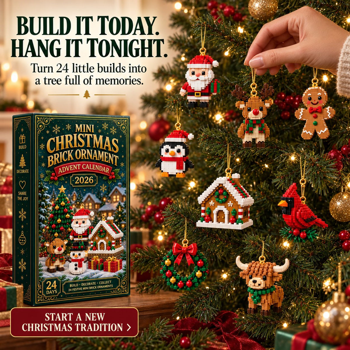 Christmas ornament advent calendar with 24 mini building sets for tree decoration