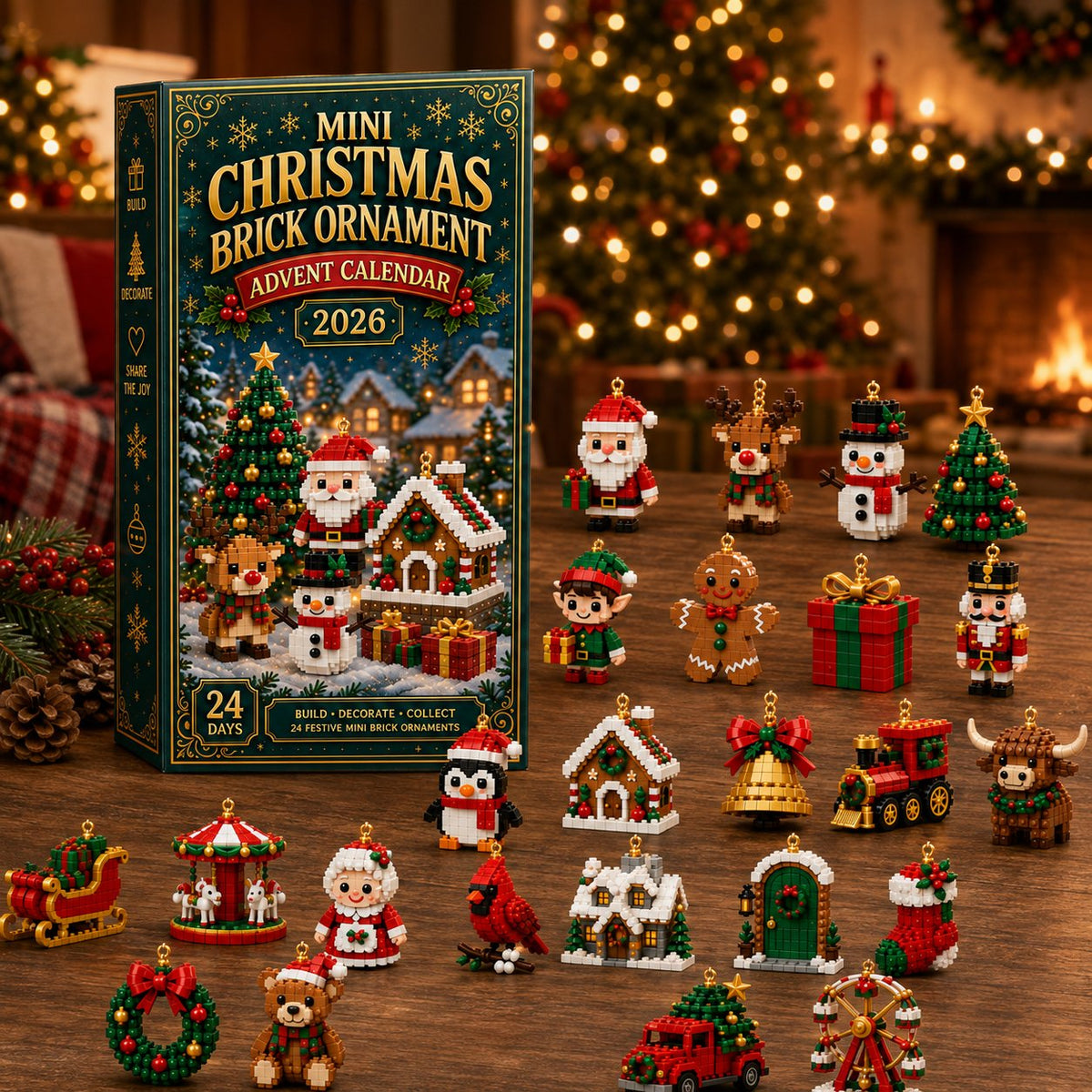Christmas ornament advent calendar with 24 mini building sets for tree decoration