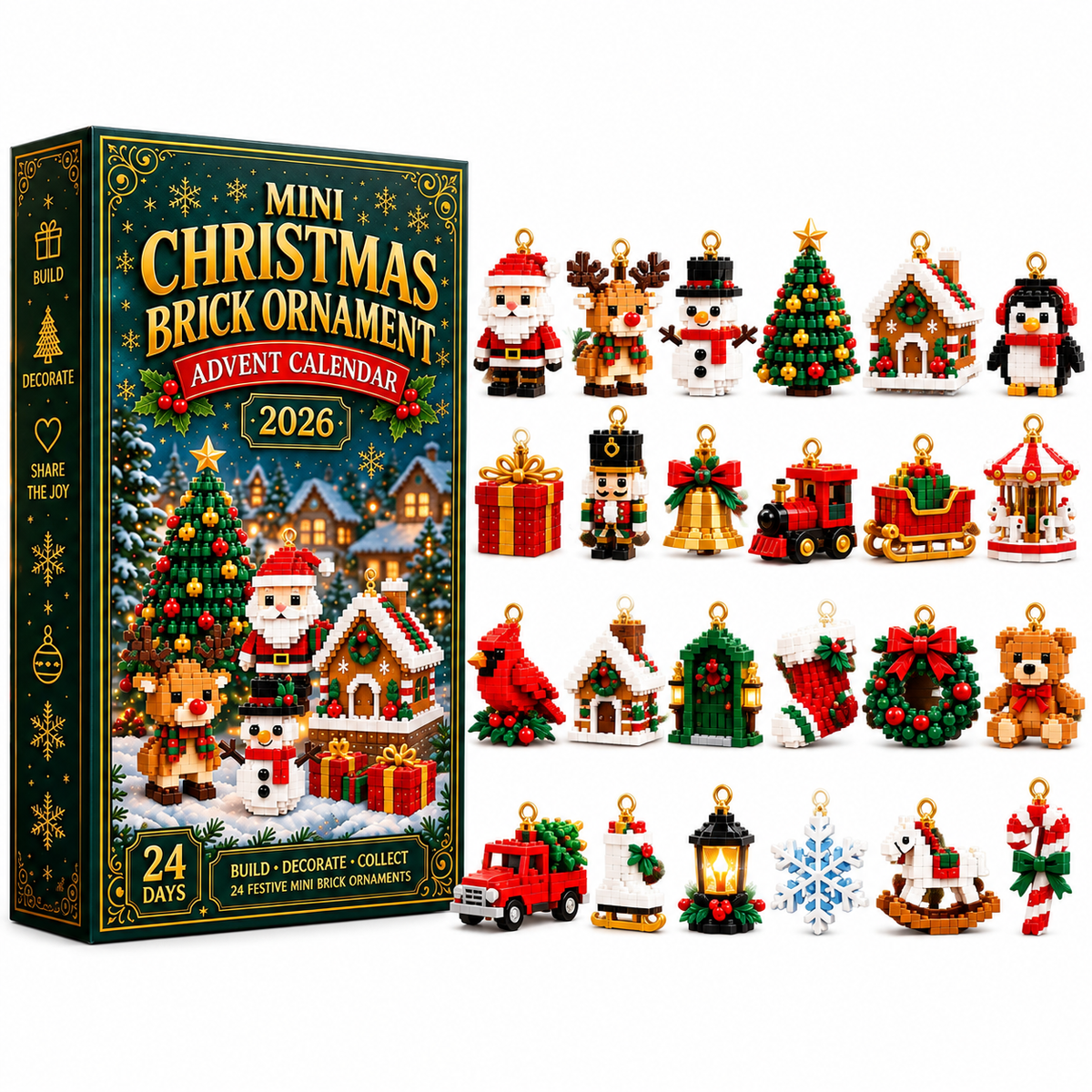 24-Day Christmas building advent calendar with 24 unique mini festive decorations and hanging loops