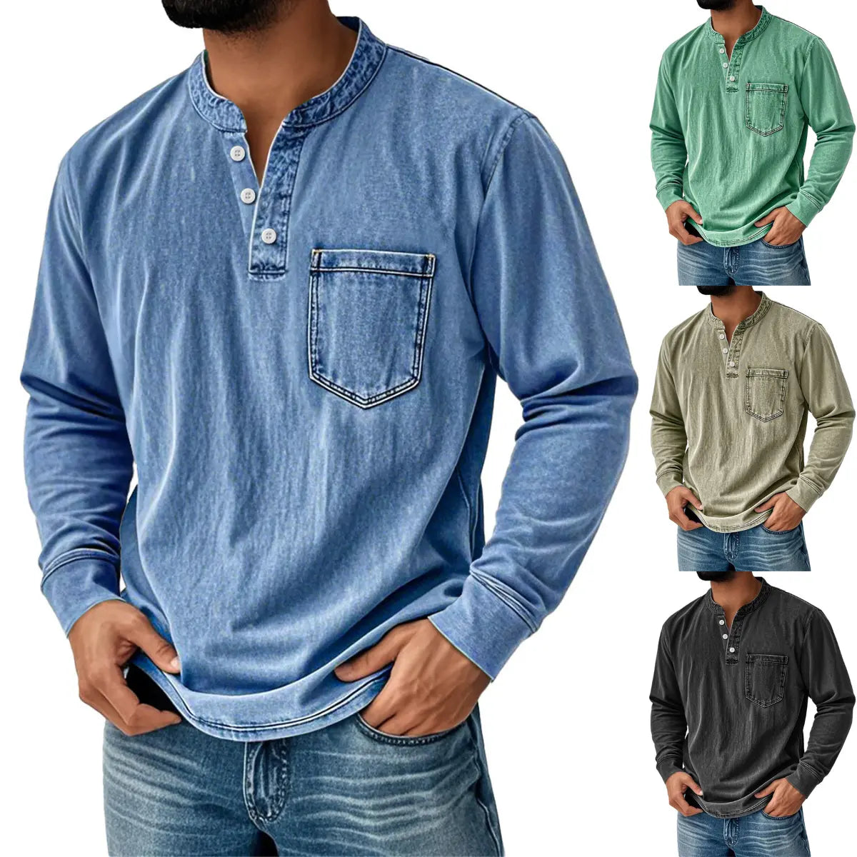 Men's Denim Shirt with Long Sleeves, V-Neck and Pocket