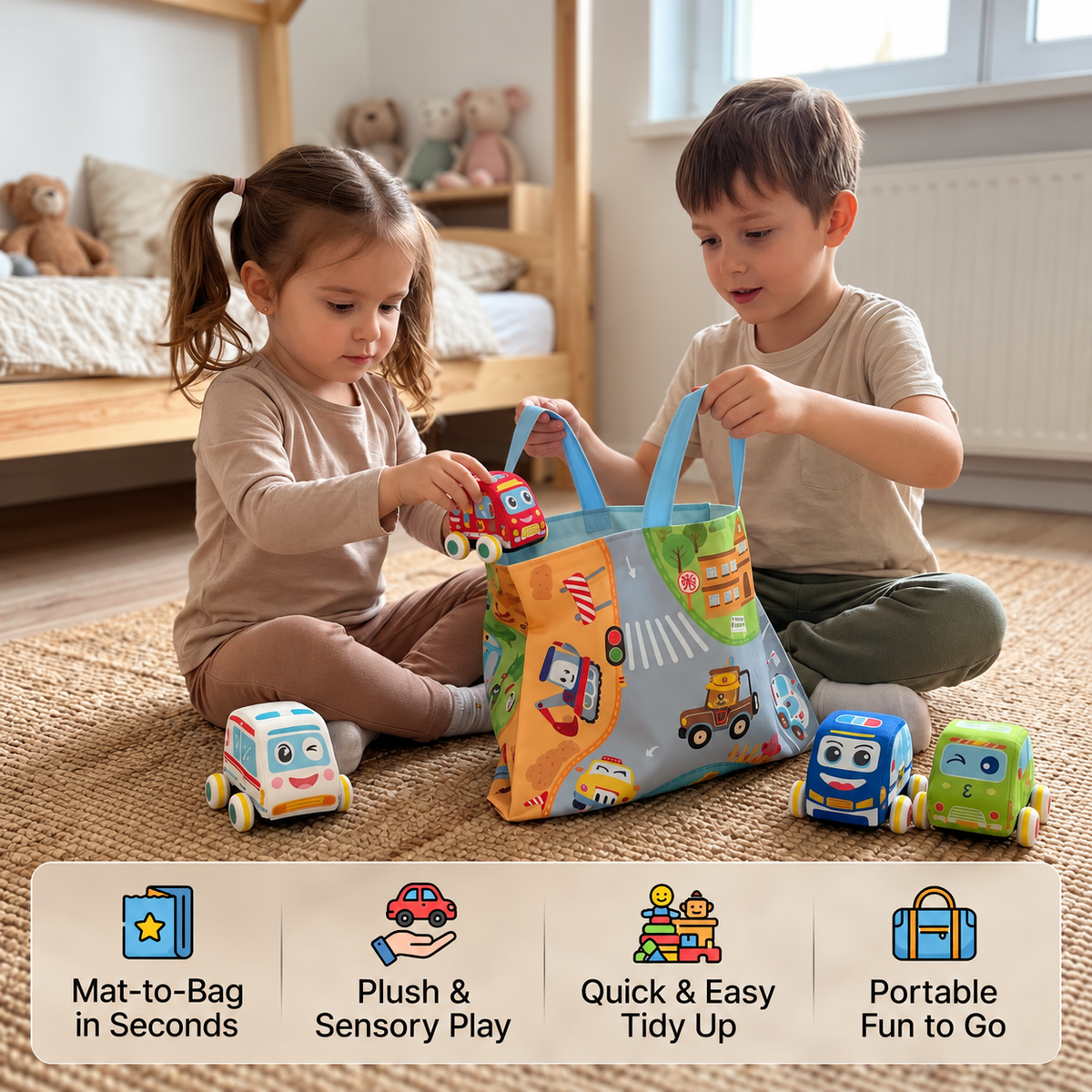 Soft Plush Pull-Back Car Set with 2-in-1 Play Mat & Storage Bag