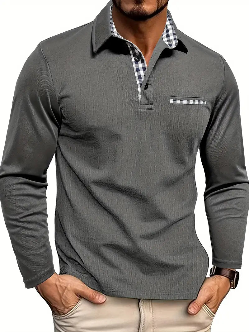 Long Sleeve Polo Shirt with Checked Contrast Collar