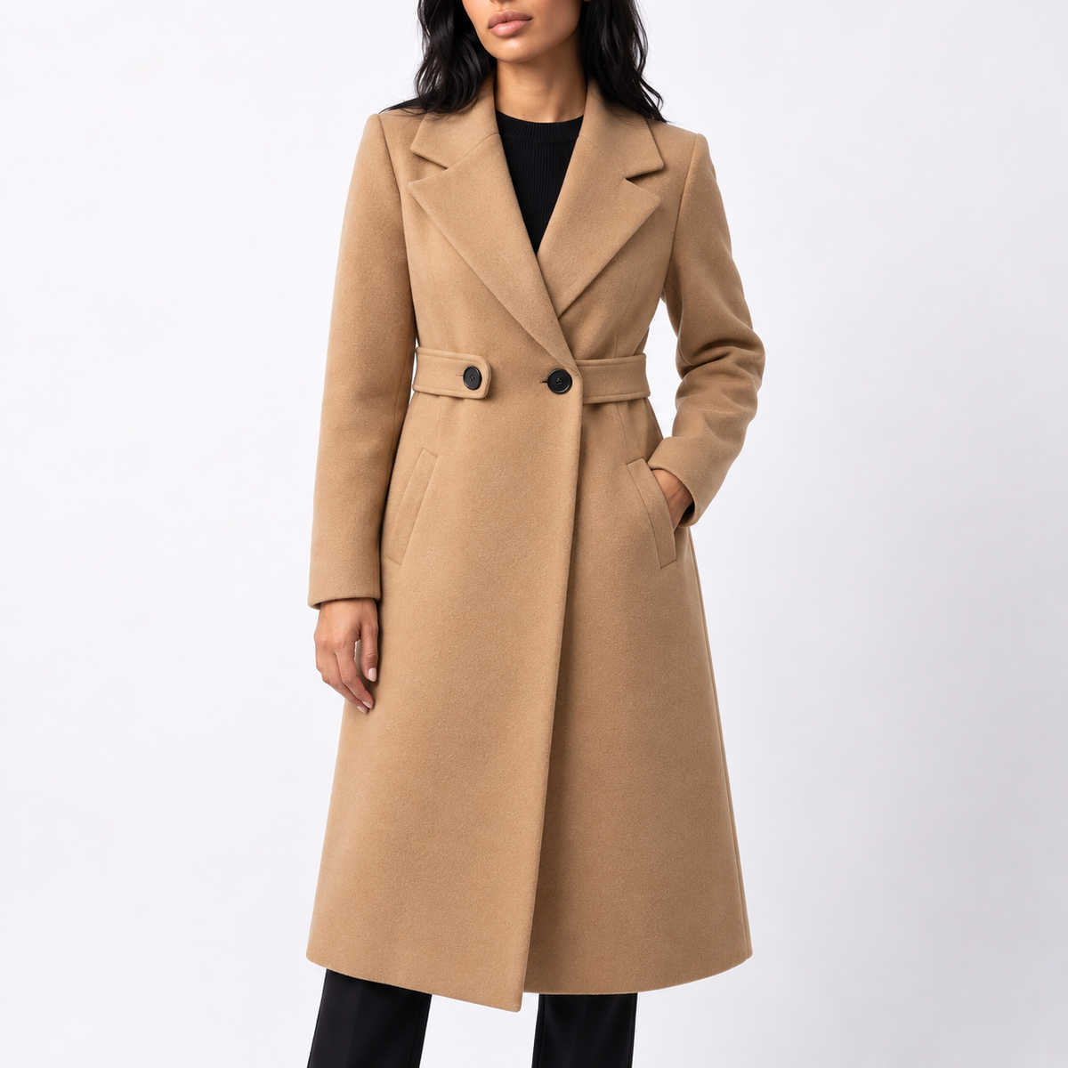 Women's Long Belted Wool Winter Coat with Wide Lapels and Side Pockets