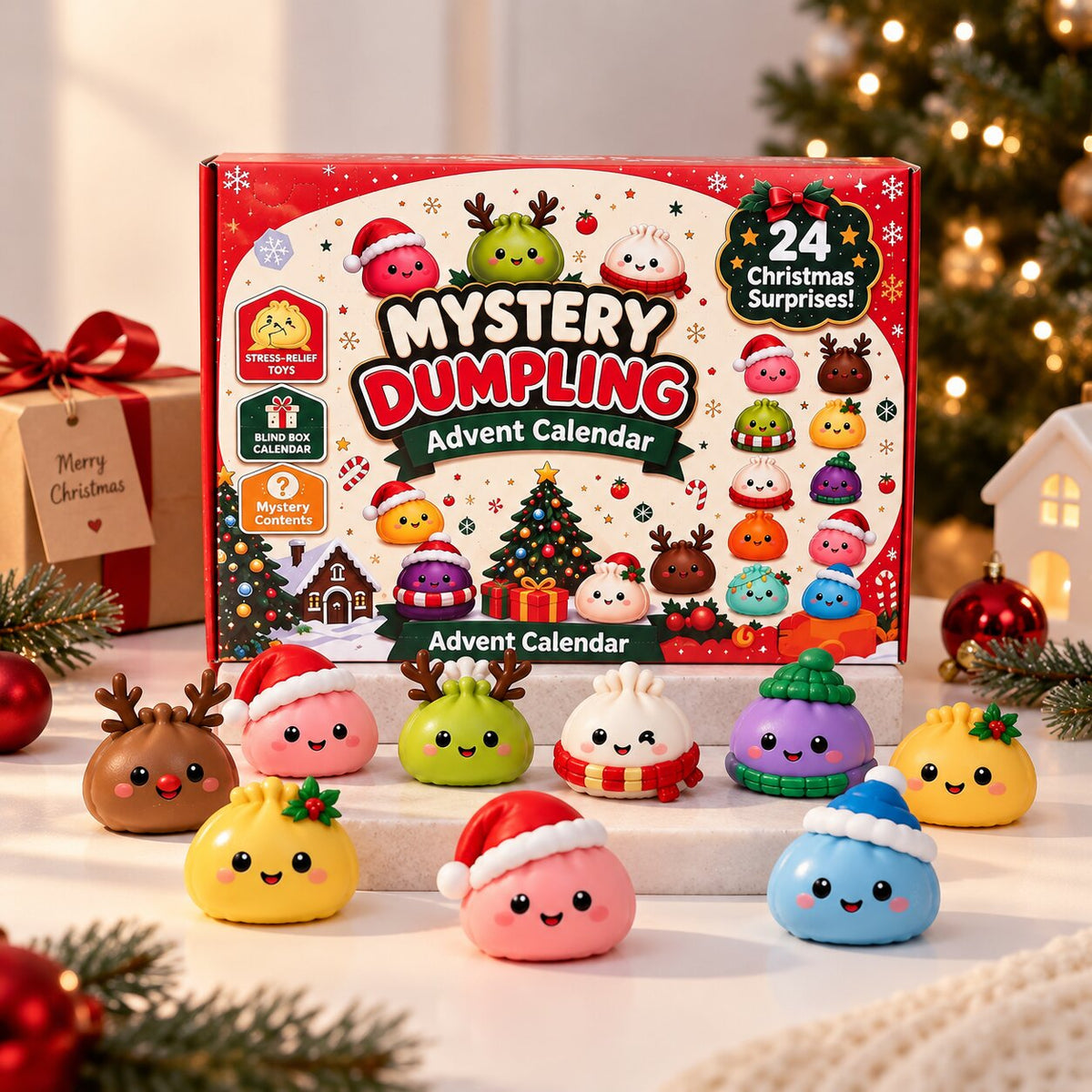 Dumplings Advent Calendar with 24 soft squishy figures for Christmas
