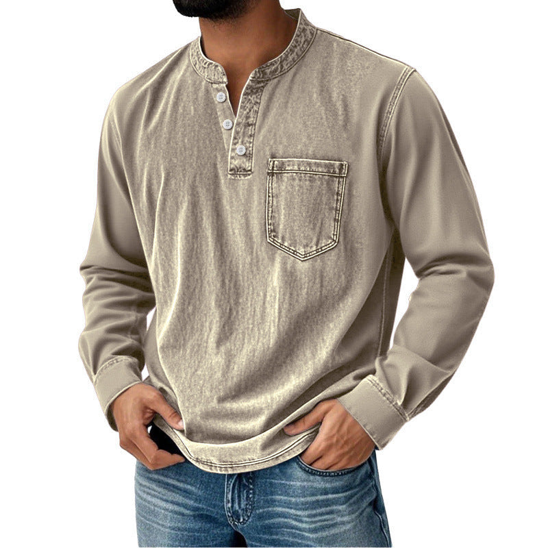 Men's Denim Shirt with Long Sleeves, V-Neck and Pocket