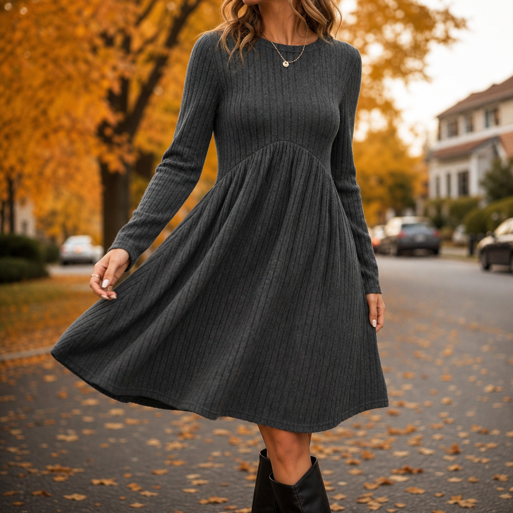 High-Waist Ribbed Knit A-Line Midi Dress