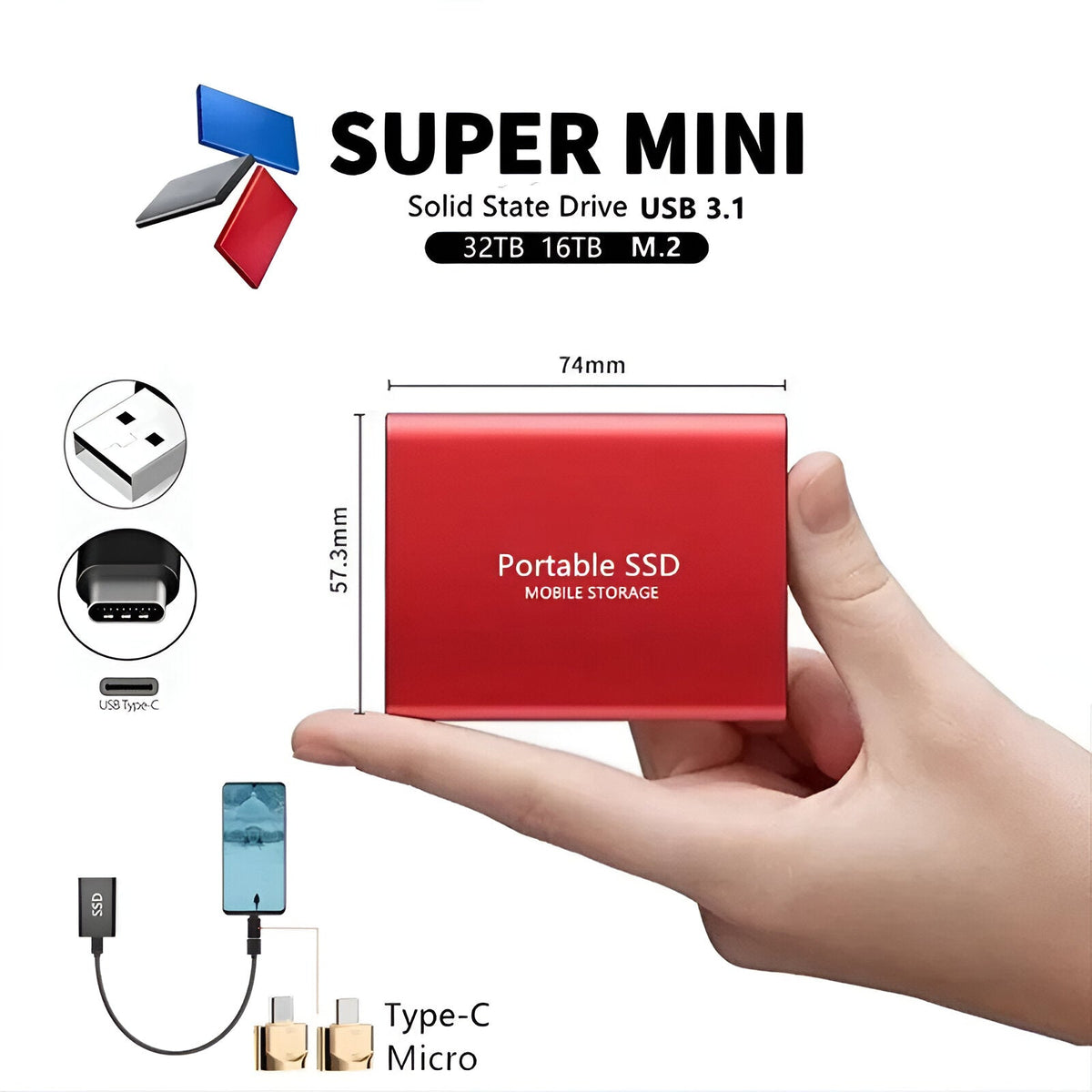 Portable Solid State Drive with Universal Port Connection and Mobile Adapters