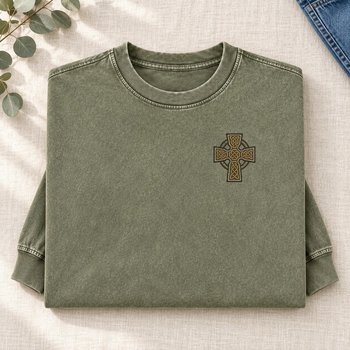 Celtic Cross Left Chest Washed Long Sleeve T-Shirt