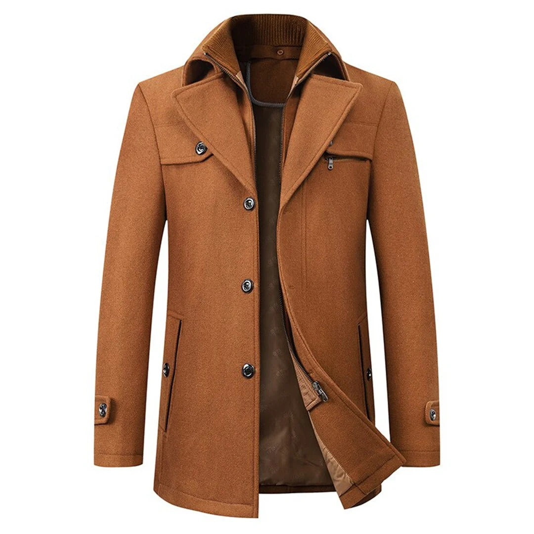 Men's Wool Winter Coat – Stand-Collar Button-Front Overcoat with Zip Closure and Utility Pockets for Cold-Weather Wear