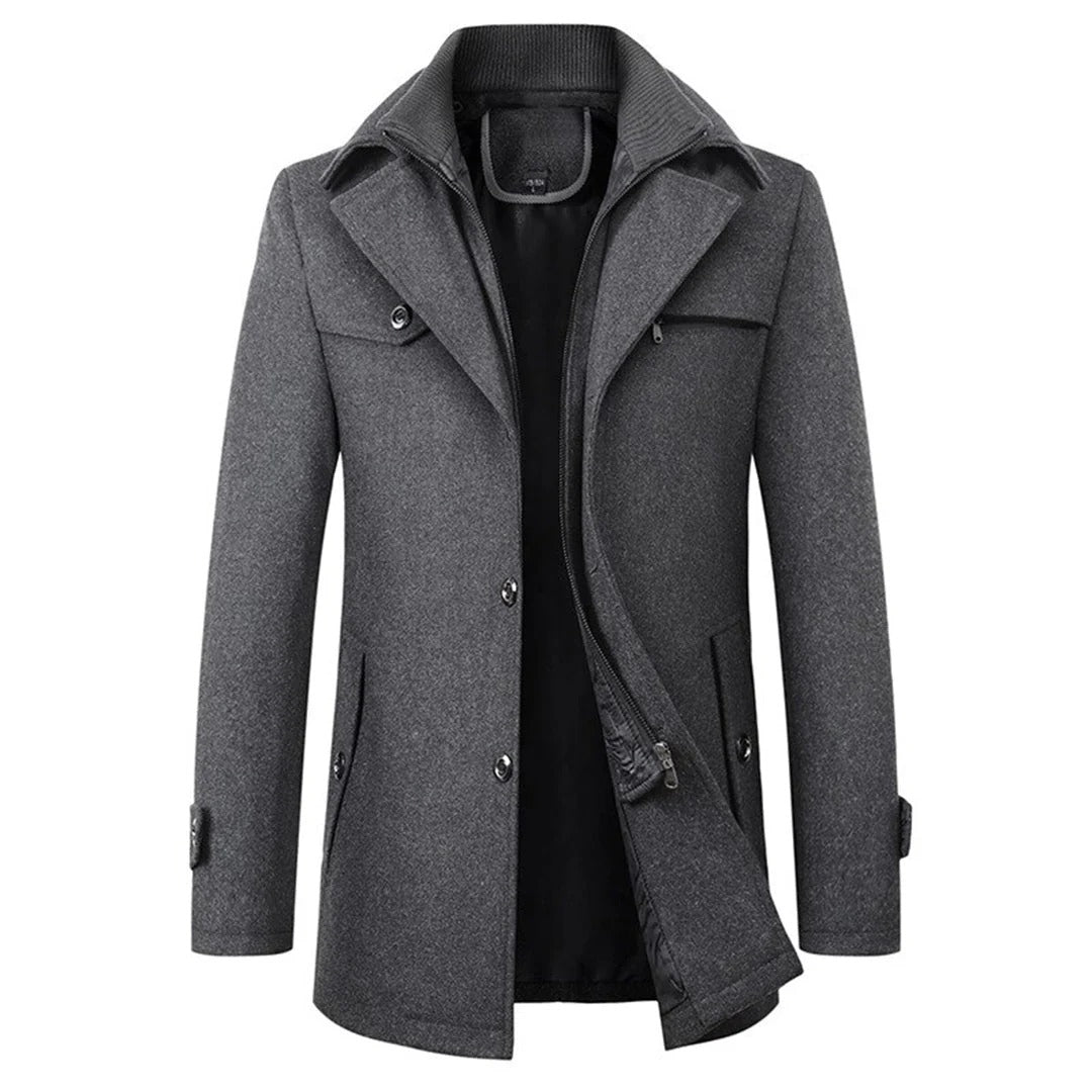 Men's Wool Winter Coat – Stand-Collar Button-Front Overcoat with Zip Closure and Utility Pockets for Cold-Weather Wear
