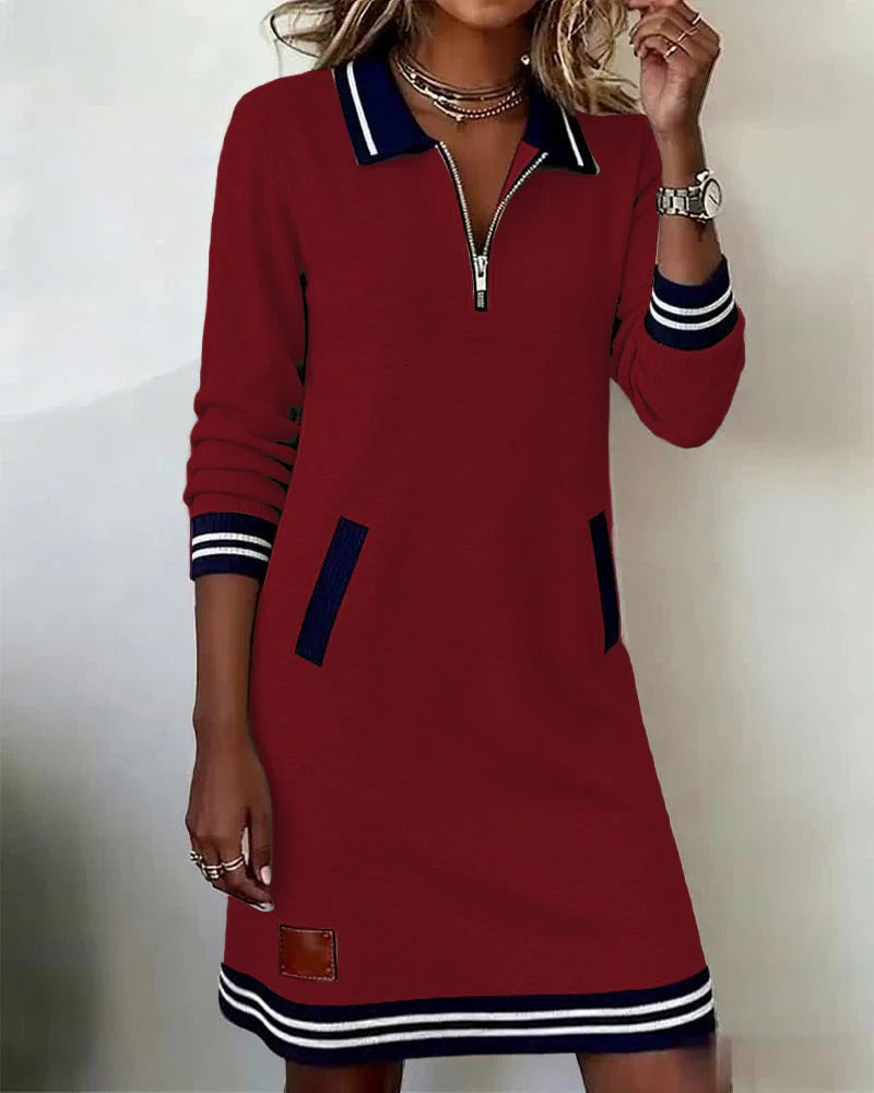 Elegant Polo Dress with Zippered Collar Relaxed Fit