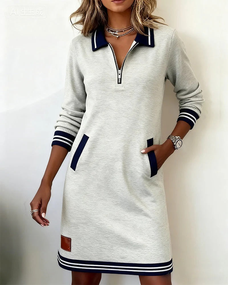 Elegant Polo Dress with Zippered Collar Relaxed Fit