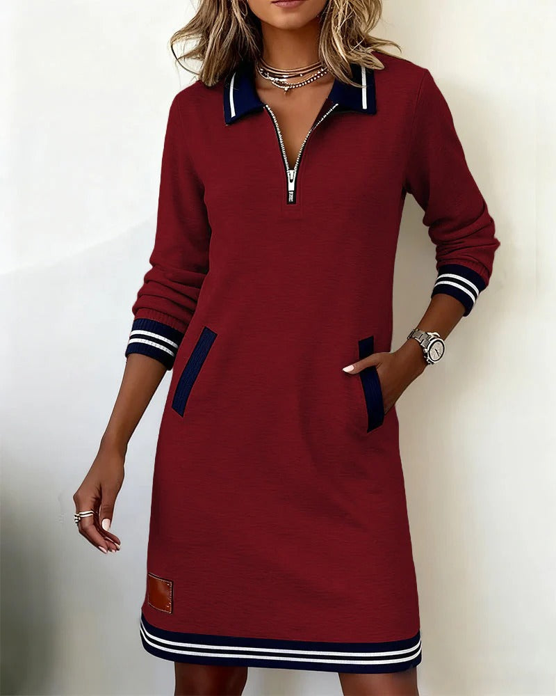 Elegant Polo Dress with Zippered Collar Relaxed Fit