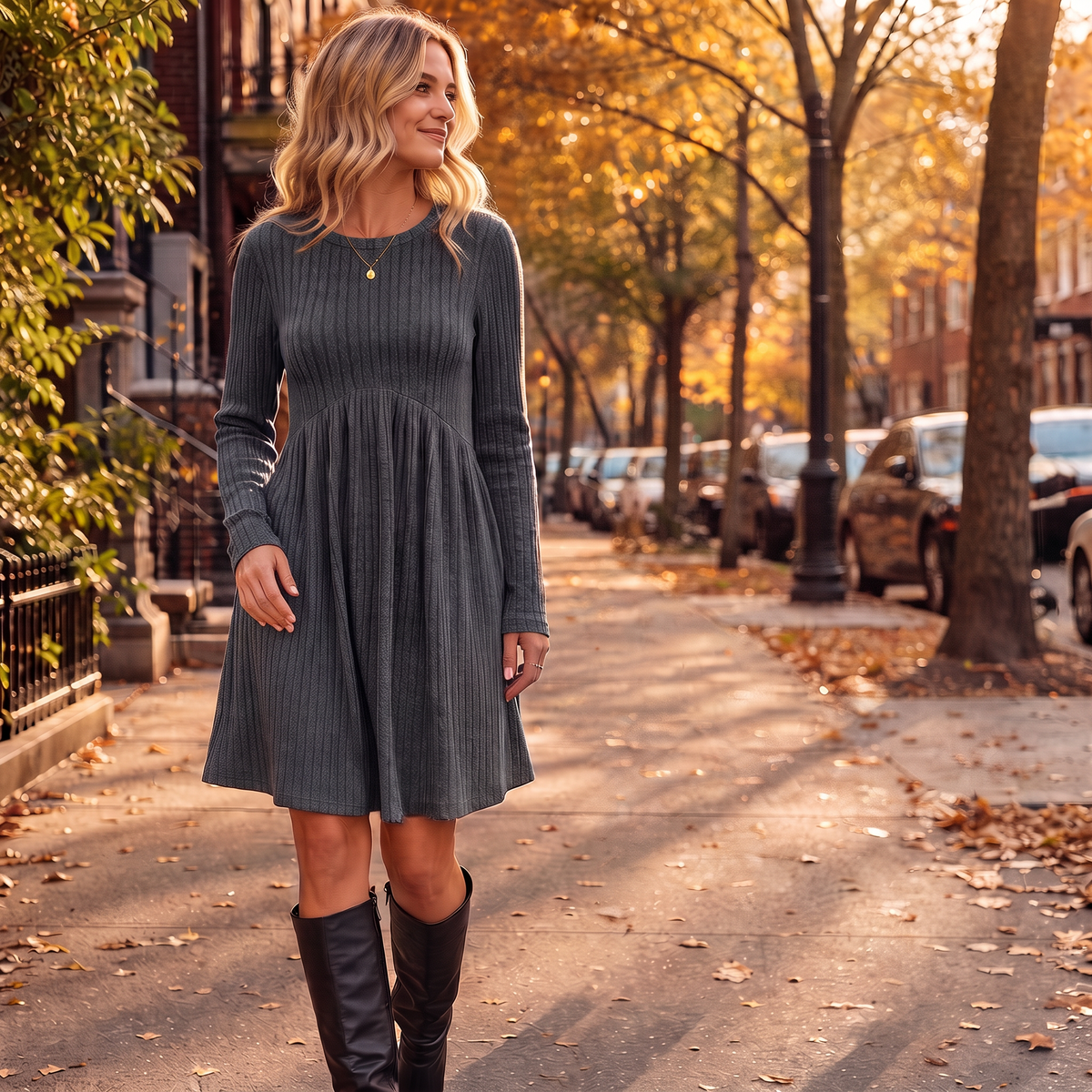 High-Waist Ribbed Knit A-Line Midi Dress
